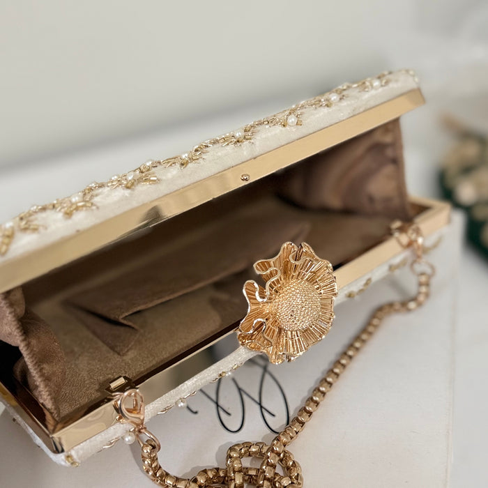 Beaded Ivory Velvet Bridal Clutch: Zardosi Wedding Purse