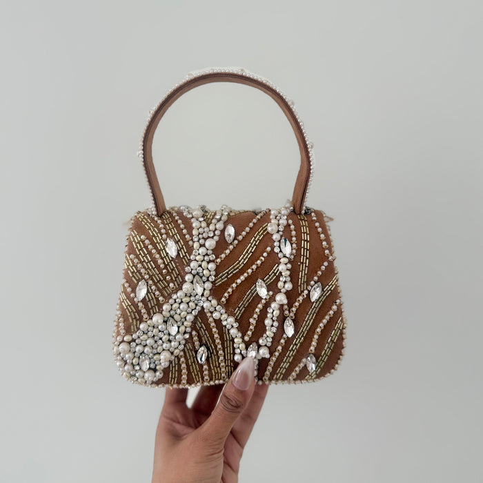 Beaded Top Handle Bag:  Natural Tone Handmade Bridal Clutch