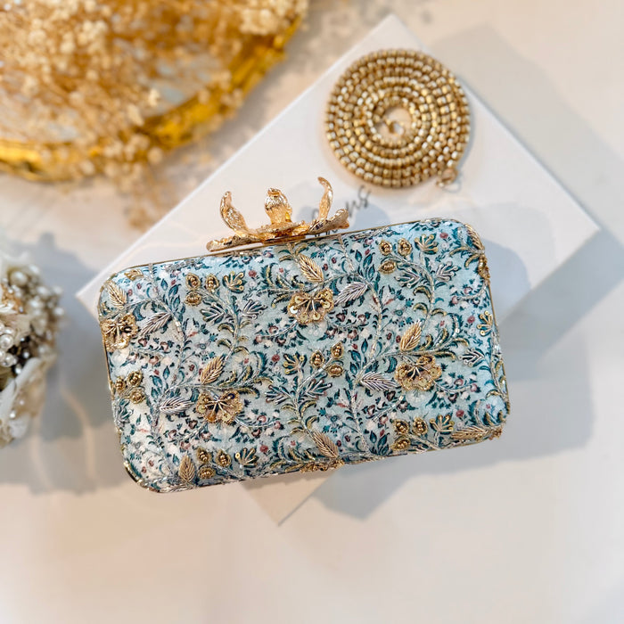 Teal Blue Hand-Embroidered Clutch With Large Flower Clasp 