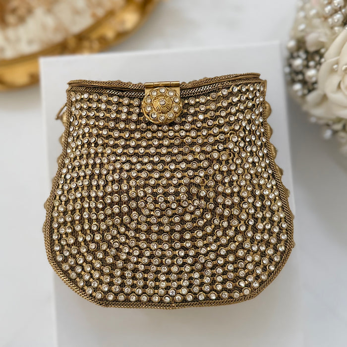 Mini Gold Crystal Bridal Clutch: Pearl Handle Wedding Evening Bag