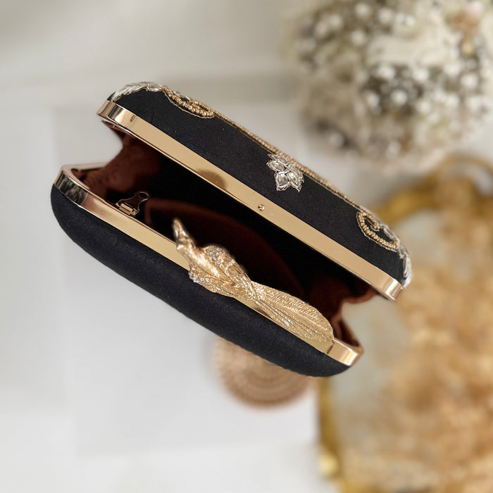 Black Embroidered Bird Motif Clutch | Evening Bag