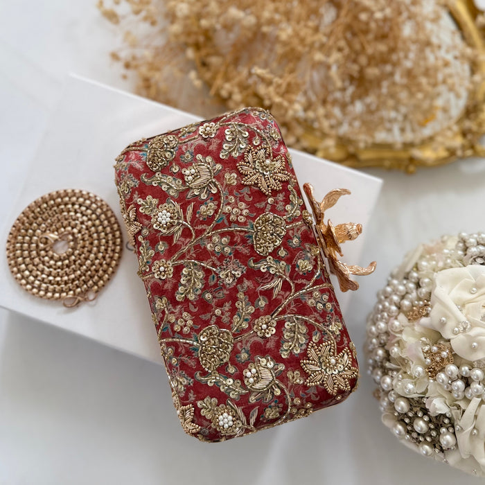 Rusty Red Hand-Embroidered Clutch Bag |Printed Floral Purse