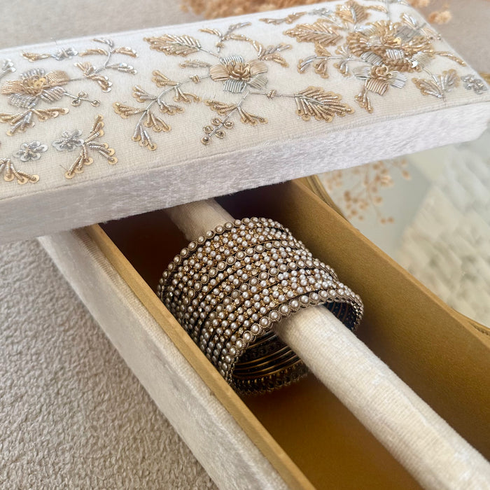 Beaded Bangle Set : White and Gold Bangles - Set of 4