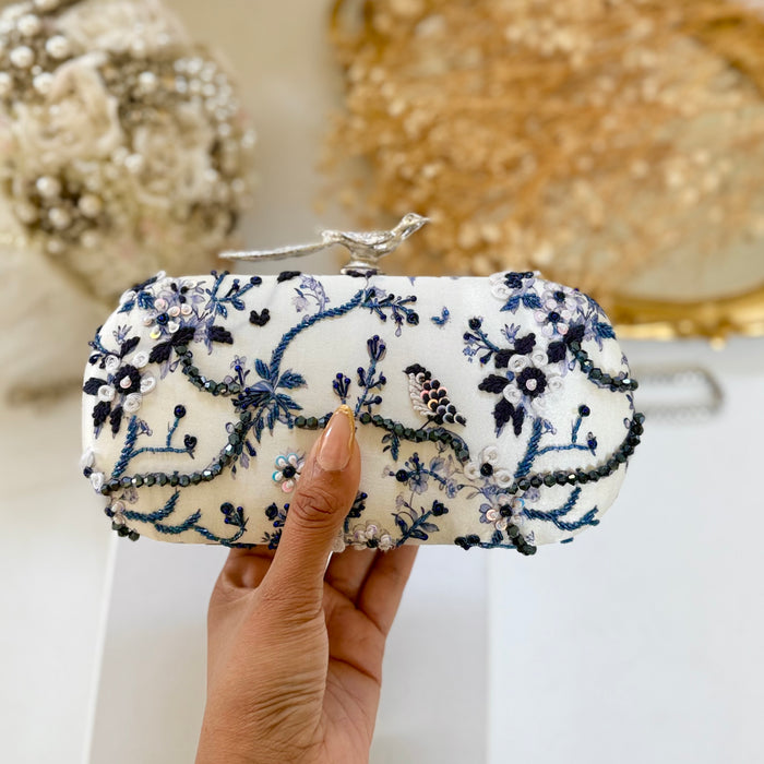 Floral Zardosi Bridal Clutch: Navy Blue Printed Wedding Clutch With Silver Bird Knob