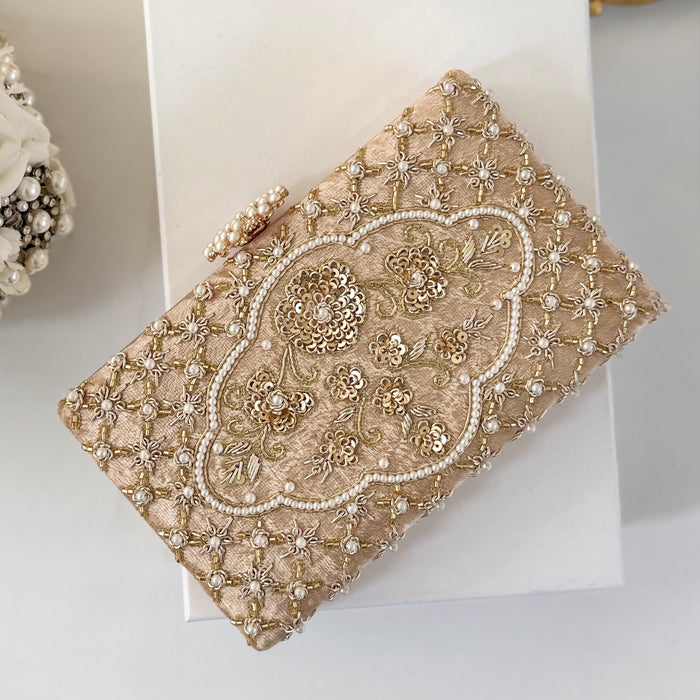 Gold Beaded Velvet Bridal Clutch Zardosi Wedding Purse