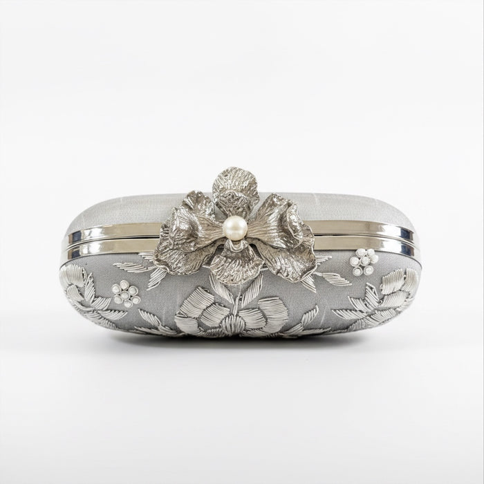 Silver Floral Zardosi Clutch: Raw Silk Bridal Evening Bag