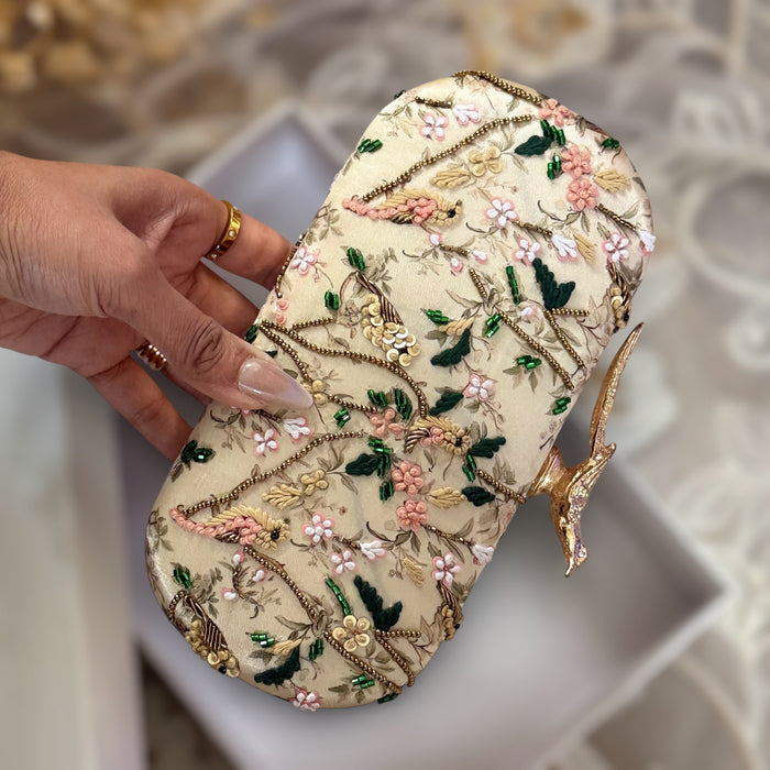 Floral Zardosi Bridal Clutch: Pastel Printed Wedding Clutch With Bird Knob