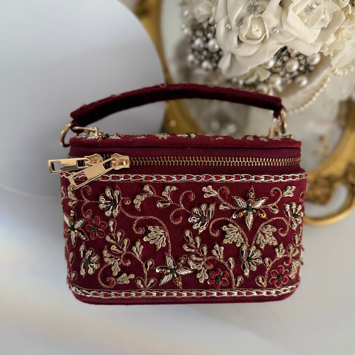 Embroidered Vanity Case Bag | Hand Embroidered Suede Bridal Bag