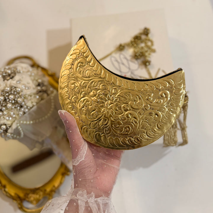 Moon Shape Brass Clutch: Gold Vintage Style Statement Handbag