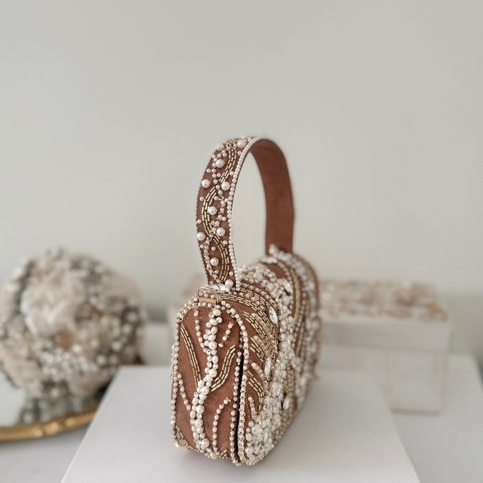Beaded Top Handle Bag:  Natural Tone Handmade Bridal Clutch