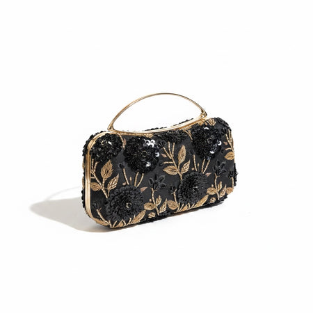 Midnight Blue Floral Clutch: Hand-Embroidered Top Handle Bag