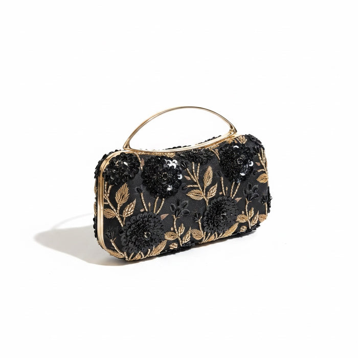 Midnight Blue Floral Clutch: Hand-Embroidered Top Handle Bag