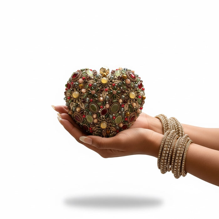 Multicolor Hand-Embroidered Heart-Shaped Kundan Clutch