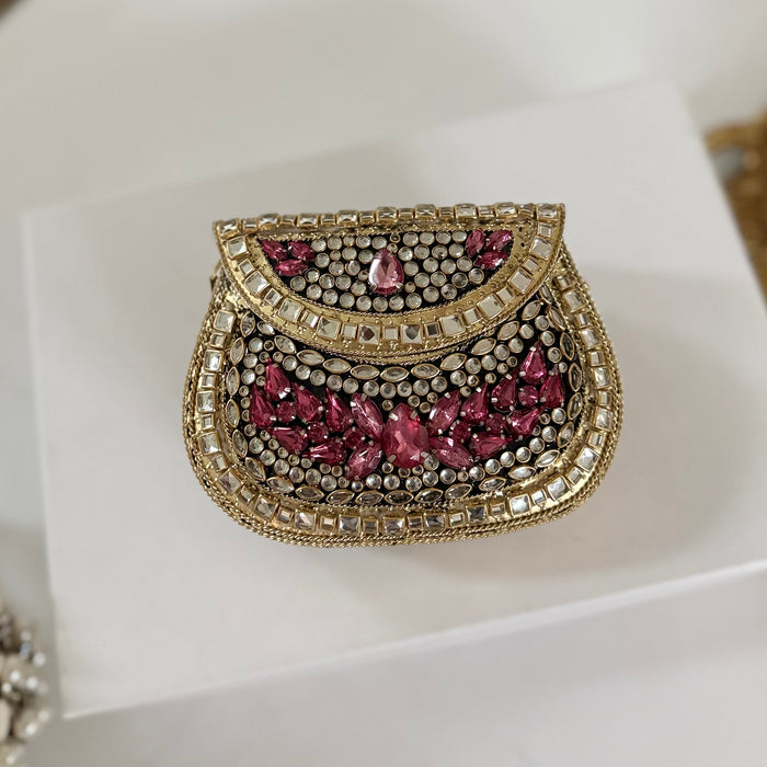 Hot Pink Kundan Mini Clutch: Metal Statement Bag