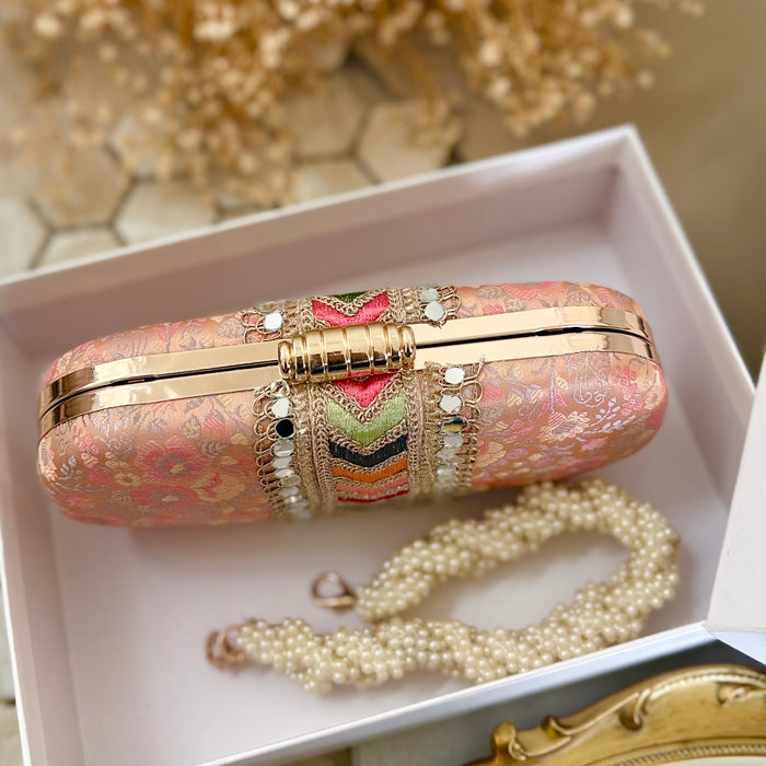 Multi-Color Banarasi Clutch: Banarasi Ethnic Clutch with Beaded Handle