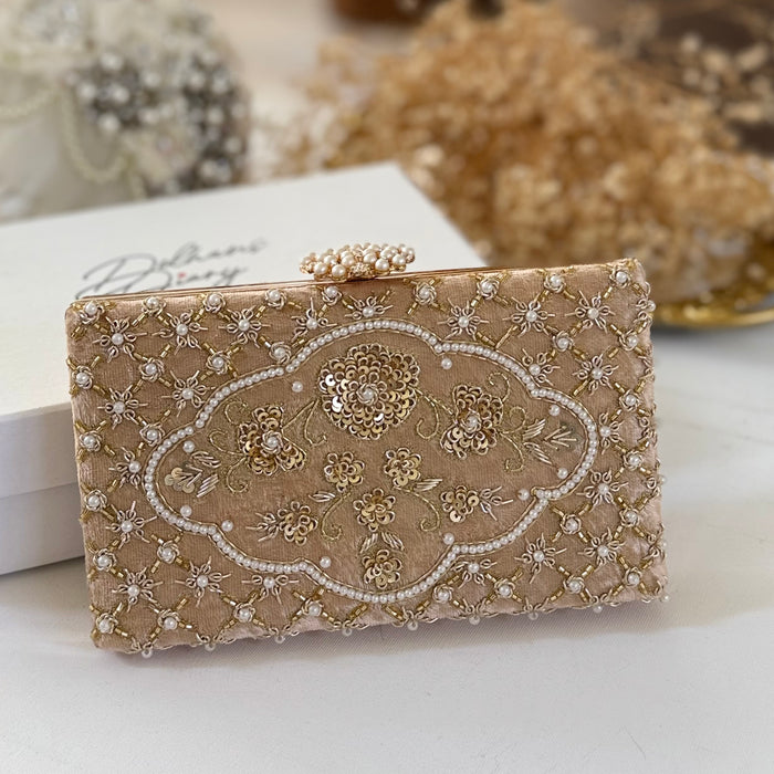 Gold Beaded Velvet Bridal Clutch Zardosi Wedding Purse
