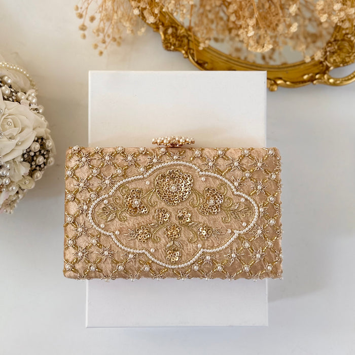 Gold Beaded Velvet Bridal Clutch Zardosi Wedding Purse