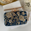 Royal blue clutch with gold floral embroidery