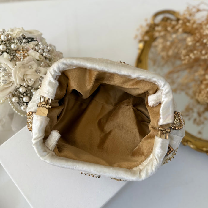 Ivory Velvet Evening Pouch Bag | Traditional Zardosi Embroidery