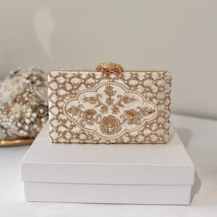 Beaded Ivory Velvet Bridal Clutch: Zardosi Wedding Purse