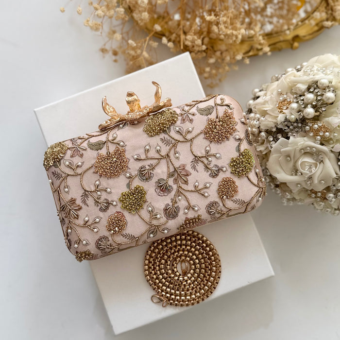 Multicolor Printed Hand-Embroidered Clutch Bag, Dusty Link Floral Evening Purse
