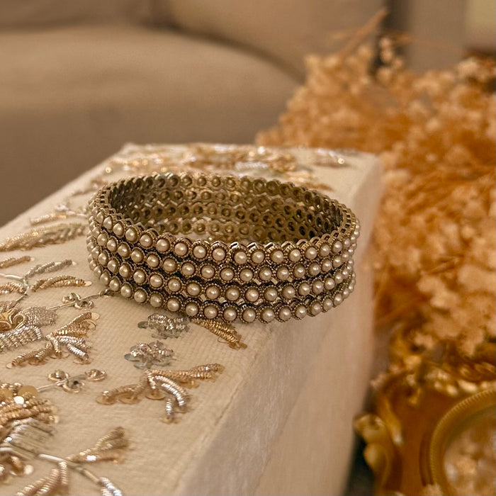 Beaded Bangle Set : White and Gold Bangles - Set of 4