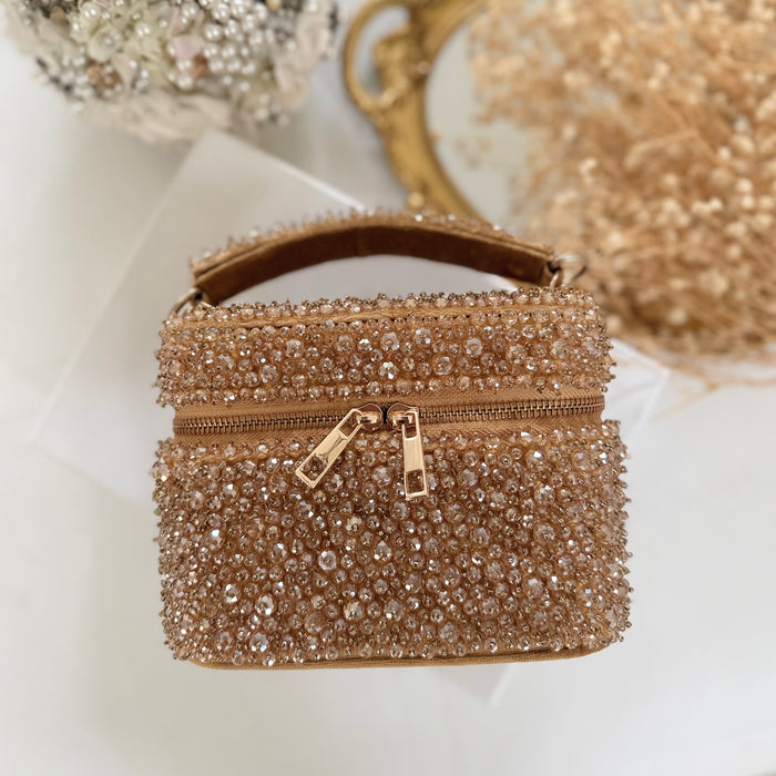Vanity Case Tasche | Wildleder-Henkeltasche mit Kristallbesatz