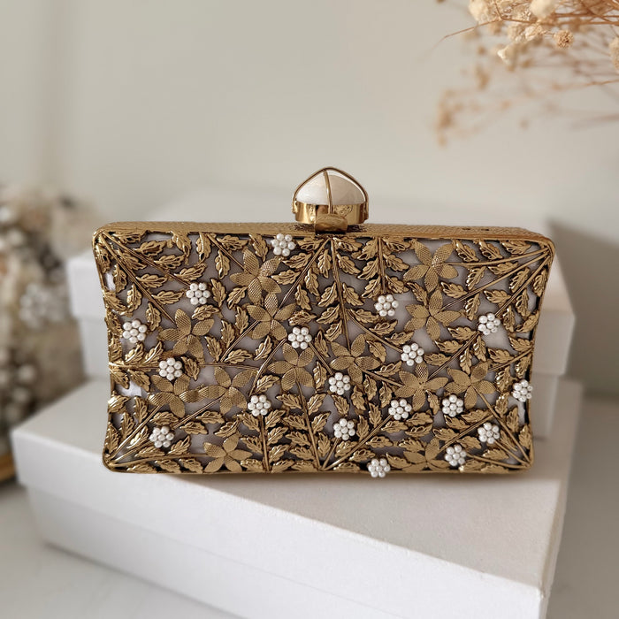 Gold Motif Bridal Clutch: Mother of Pearl & Brass Evening Bag