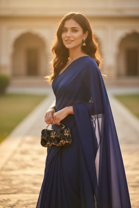 Midnight Blue Floral Clutch: Hand-Embroidered Top Handle Bag