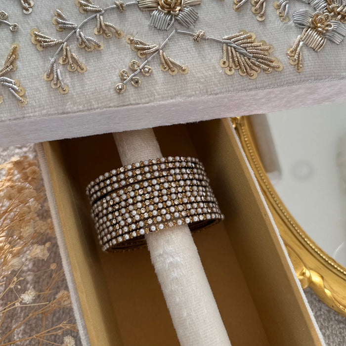 Beaded Bangle Set : White and Gold Bangle Set of 12