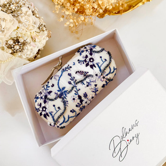 Floral Zardosi Bridal Clutch: Navy Blue Printed Wedding Clutch With Silver Bird Knob