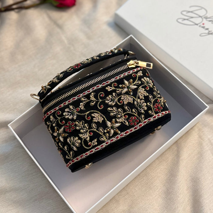 Embroidered Vanity Case Bag | Hand Embroidered Suede Bridal Bag