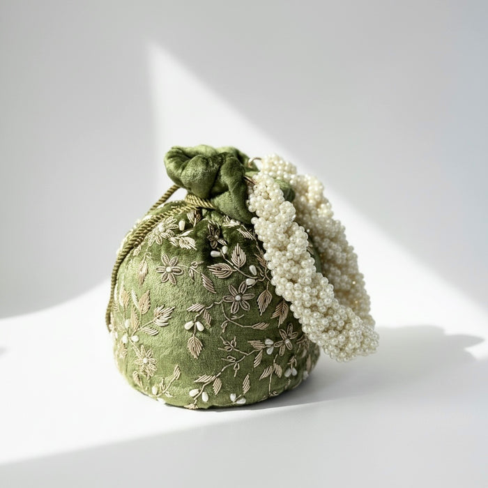 Olive Green Velvet Potli Bag | Zardosi & Pearl Embellishments