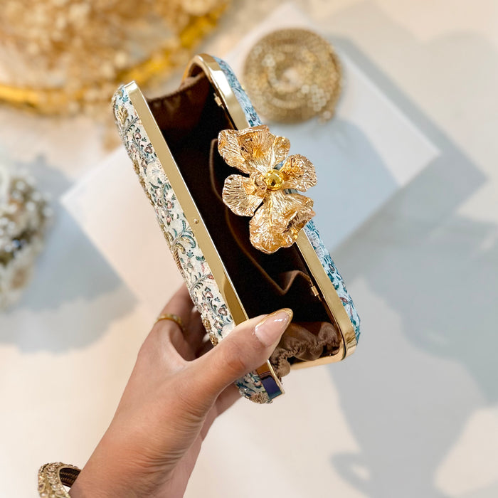 Teal Blue Hand-Embroidered Clutch With Large Flower Clasp 