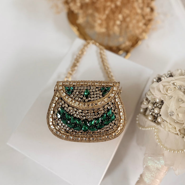 Emerald Green Kundan Clutch: Mini Metal Statement Bag
