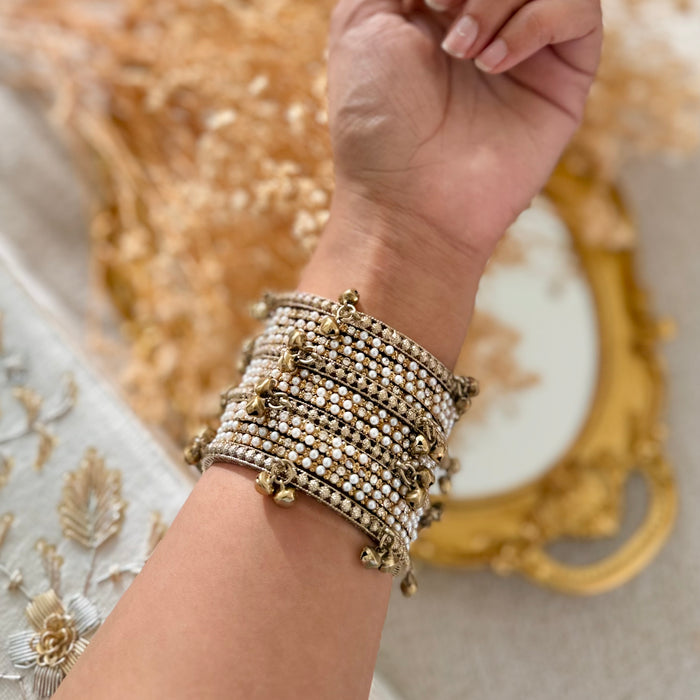 Beaded Bangle Set : White and Gold Bangle Set of 12