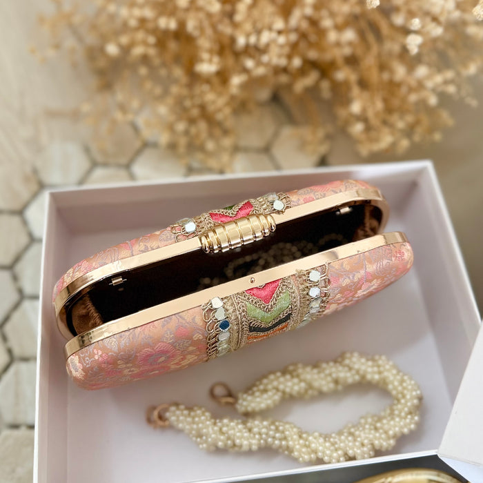 Multi-Color Banarasi Clutch: Banarasi Ethnic Clutch with Beaded Handle