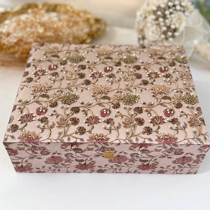 Dusty Pink Floral Bridal Trousseau Box | Hand-Emroidered Keepsake Storage Box