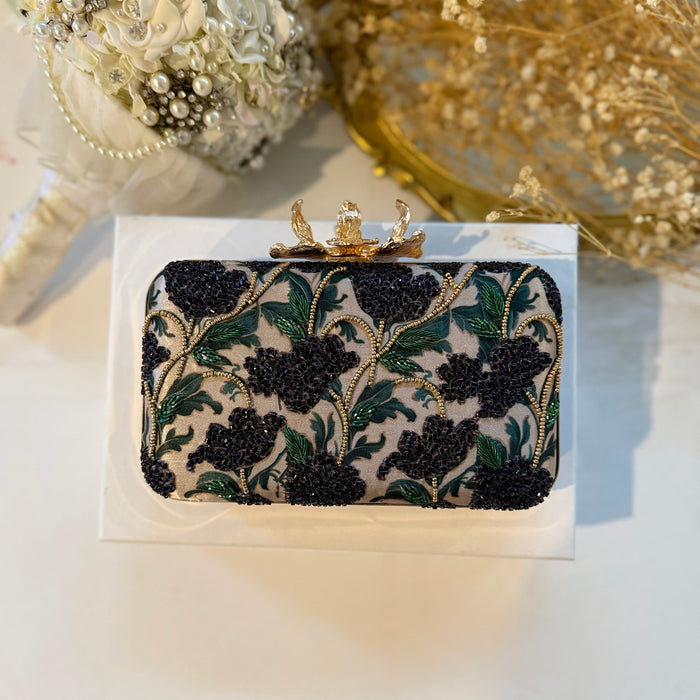 Dark Purple Floral Clutch | Hand-Embroidered Floral Evening Bag