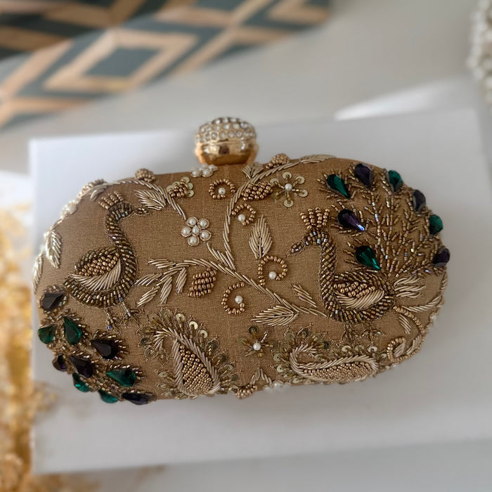 Gold Peacock Zardozi Embroidered Clutch