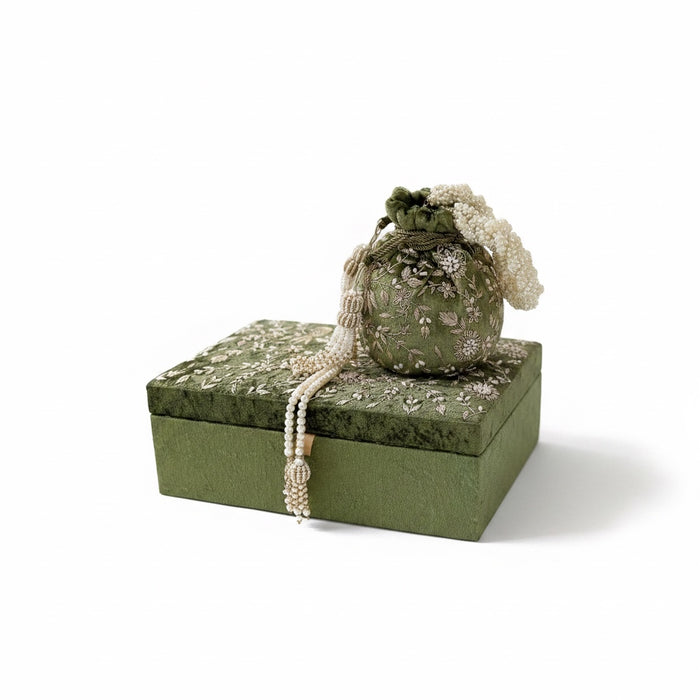 Olive Green Velvet Potli Bag | Zardosi & Pearl Embellishments