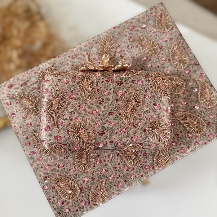 Multicolor Printed Hand-Embroidered Clutch Bag | Green and Fuchsia Floral Purse