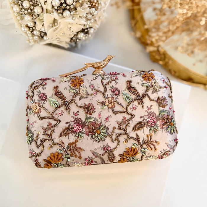 Multi-Color Bird and Floral Motif Hand-Embroidered Clutch
