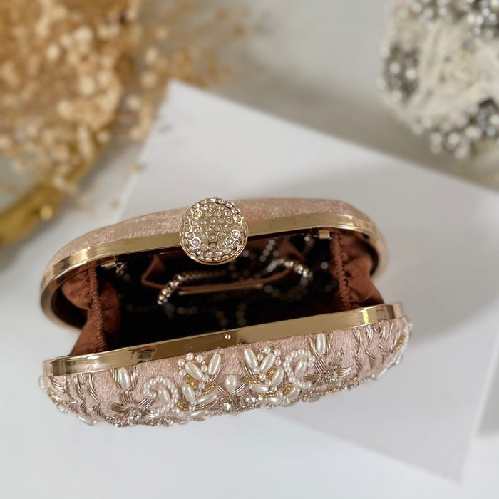 Light Peachy Pink Bridal Clutch | Hand- Embroidered Evening Bag with Beads & Gold Dabka