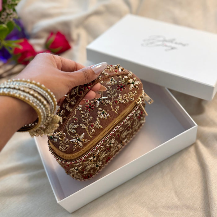 Embroidered Vanity Case Bag | Hand Embroidered Suede Bridal Bag