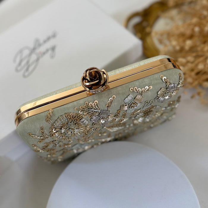 Sage Green Handcrafted Clutch | Dual Tone Zardozi Work