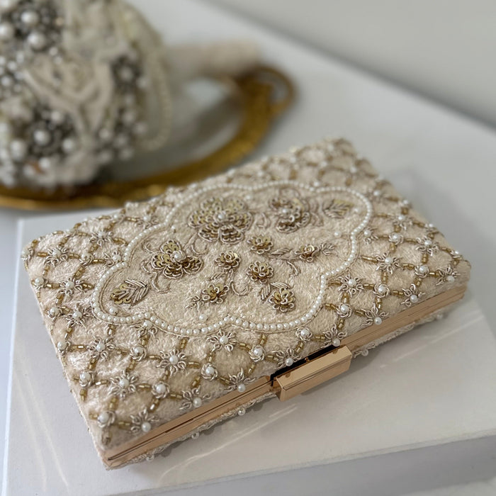 Beaded Ivory Cream Velvet Bridal Clutch Zardosi Wedding Purse finesse 