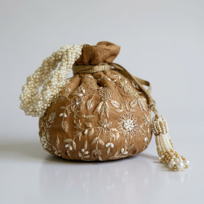 Gold Velvet Zardosi Potli Bag with Pearl Embellishments