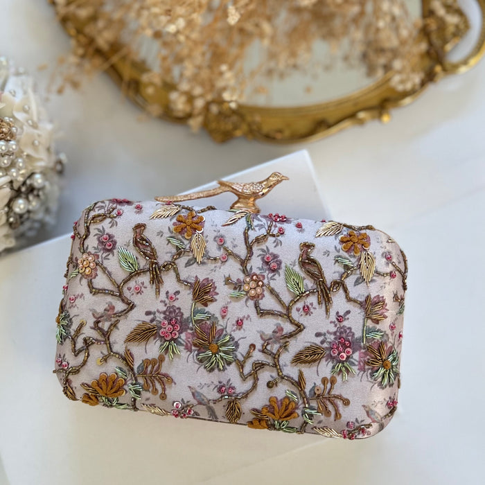 Multi-Color Bird and Floral Motif Hand-Embroidered Clutch
