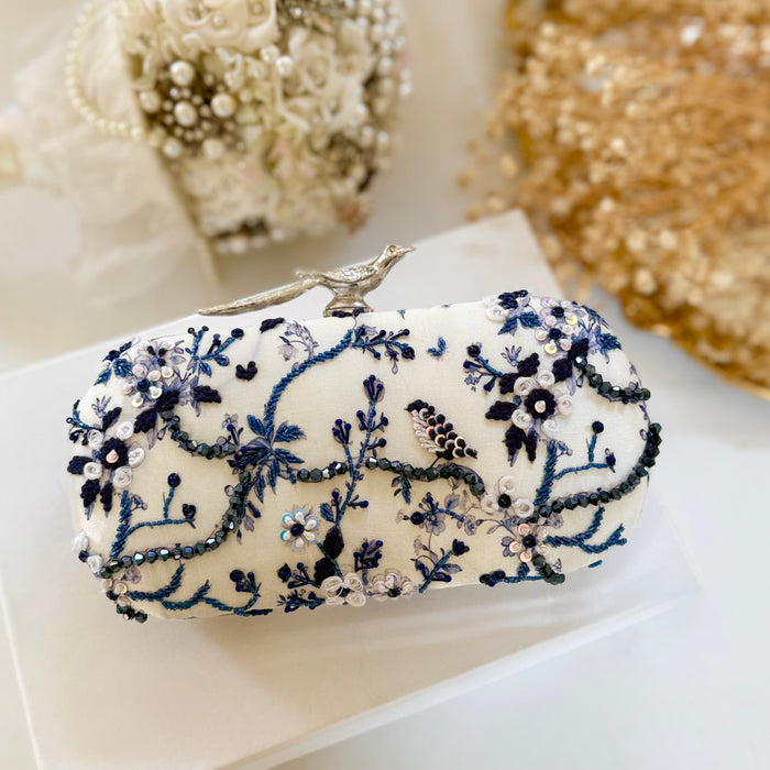 Floral Zardosi Bridal Clutch: Navy Blue Printed Wedding Clutch With Silver Bird Knob